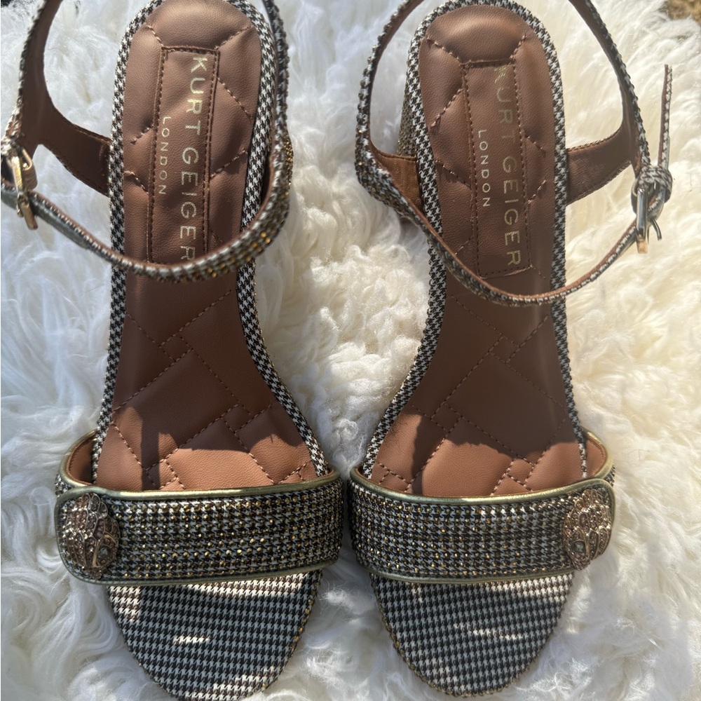 Kurt Geiger Black and Gold Houndstooth Sandals
